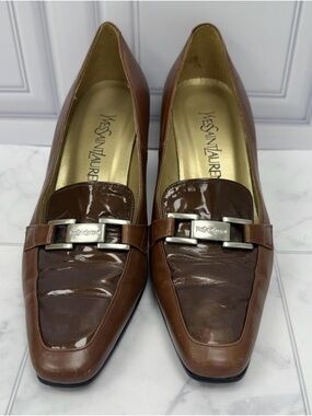 Yves Saint Laurent Brown Patent & Leather Loafers with Silver-Tone Hardware